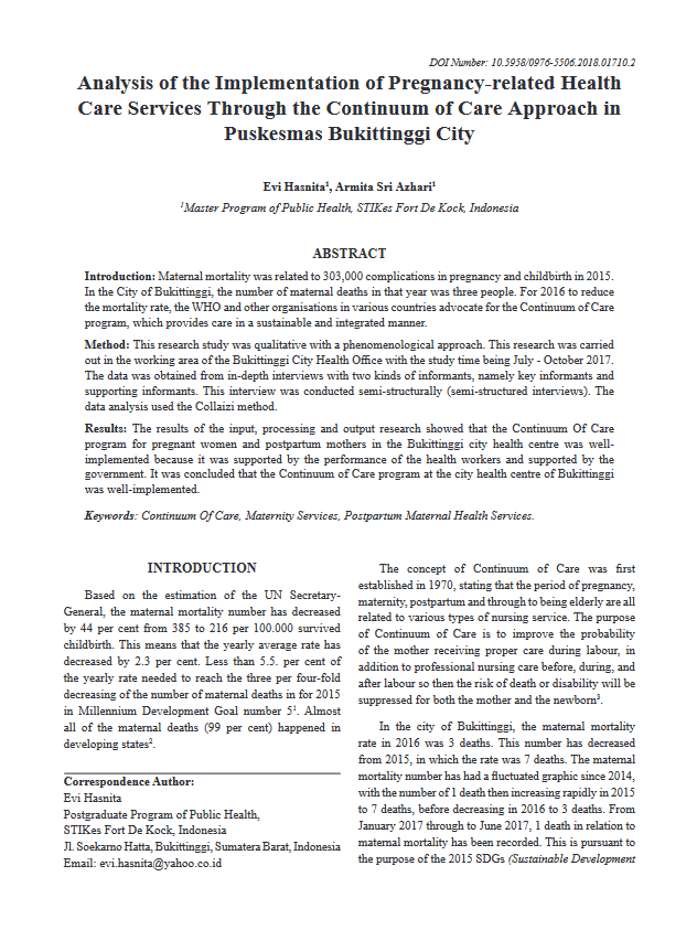 Analysis of the Implementation of Pregnancy-related Health Care Services Through the Continuum of Care Approach in Puskesmas Bukittinggi City