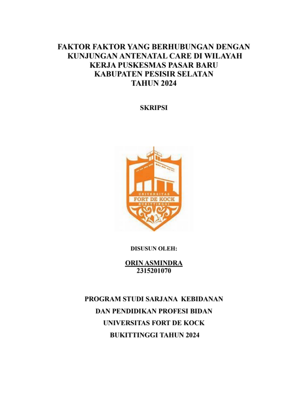Faktor Faktor Yang Berhubungan Dengan Kunjungan Antenatal Care Di Wilayah Kerja Puskesmas Pasar Baru Kabupaten Pesisir Selatan Tahun 2024