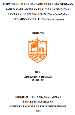 Formulasi Dan Uji Stabilitas Fisik Sediaan Sabun Cair Antibakteri Dari Kombinasi Ekstrak Daun Pegagan (Centella Asiatica) Dan Minyak Zaitun (Olea Europaea)