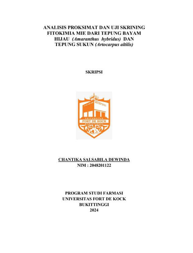 Analisis Proksimat Dan Uji Skrining Fitokimia Mie Dari Tepung Bayam Hijau (Amaranthus hybridus) dan Tepung Sukun (Artocarpus altilis)