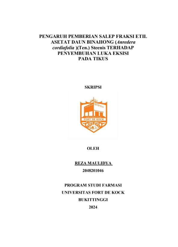 Pengaruh Pemberian Salep Fraksi Etil Asetat Daun Binahong Anredera cordifolia (Ten.) Steenis Terhadap Penyembuhan Luka Pada Tikus