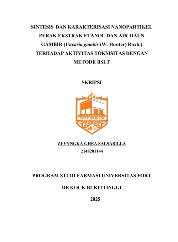 Sintesis dan Karakterisasi Nanopartikel Perak Ekstrak Etanol dan Air Daun Gambir (Uncaria Gambir (W. Hunter) Roxb.) Terhadap Aktivitas Toksisitas Dengan Metode BSLT