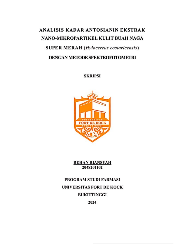 Analisis kadar Antosianin Ekstrak Kering Nanopartikel Kulit Buah Naga Super Merah (Hylocereus costaricensis) Dengan Metode Spektrofotometri