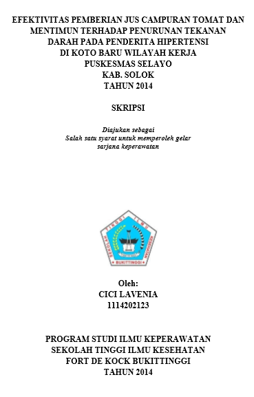 Efektivitas Pemberian Jus Campuran Tomat Dan Mentimun Terhadap Penurunan Tekanan Darah Pada Penderita Hipertensi Di Koto Baru Wilayah Kerja Puskesmas Selayo Kabupaten Solok Tahun 2014
