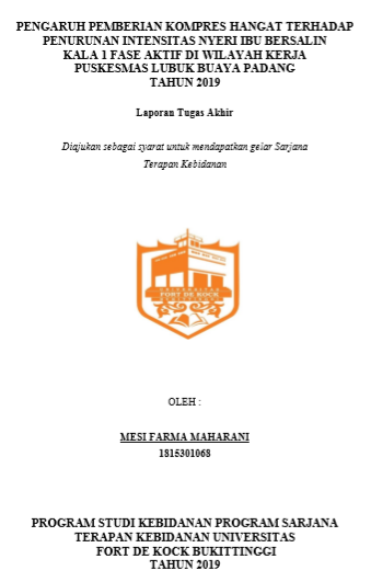 Pengaruh Pemberian Kompres Hangat Terhadap Intensitas Nyeri Persalinan Kala I Fase Aktif Pada Ibu Di Wilayah Kerja Puskesmas Lubuk Buaya PadangTahun 2019