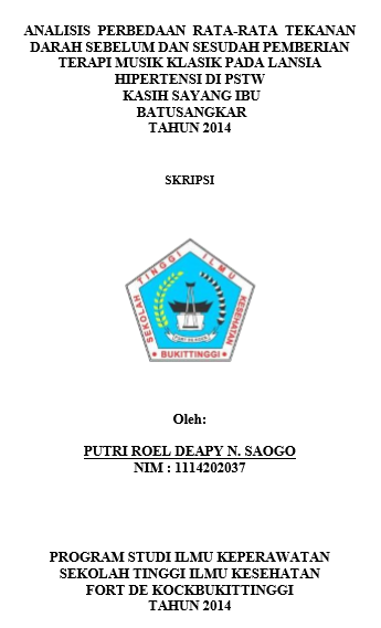 Analisis  Perbedaan  Rata-Rata  Tekanan Darah Sebelum Dan Sesudah Pemberian Terapi Musik Klasik Pada Lansia Hipertensi Di PSTW Kasih Sayang Ibu Batusangkar Tahun 2014
