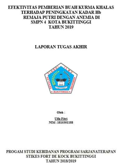 Evektifitas Pemberian Buah Kurma Khalas Terhadap Peningkatan Kadar Hb Pada  Remaja Putri yang Anemia Di SMPN Bukittinggi Tahun 2019