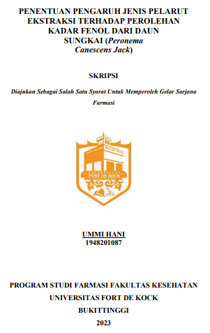 Penentuan Pengaruh Jenis Pelarut Ekstraksi Terhadap Perolehan Kadar Fenol Dari Daun Sungkai (Peronema Canescens Jack)