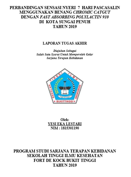 Perbandingan sensasi nyeri 7 hari pascasalin menggunakan benang Chromic Catgut dengan Fast Absorbing Polyglactin 910 di Kota Sungai Penuh tahun 2019