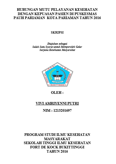 Cover Hubungan Mutu Pelayanan Kesehatan Dengan Kepuasan Pasien di Puskesmas Pauh Pariaman Kota Pariaman Tahun 2016