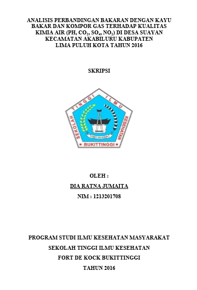 Cover Analisis Perbandingan Bakaran Dengan Kayu Bakar dan Kompor Gas Terhadap Kualitas Kimia Air (pH, CO2, SO4, NO2) di Desa Suayan Kecamatan Akabiluru Kabupaten Lima Puluh Kota Tahun 2016