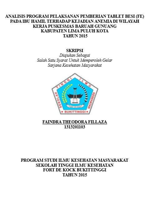 Cover Analisis  Pelaksanaan Program Pemberian Tablet Fe Pada Ibu Hamil Terhadap Kejadian  Anemia Di Wilayah Kerja Puskesmas Baruah Gunuang  Tahun 2015